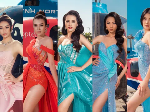 Dàn thí sinh Hoa hậu Biển đảo Việt Nam đẹp lộng lẫy trong trang phục dạ hội bên trực thăng